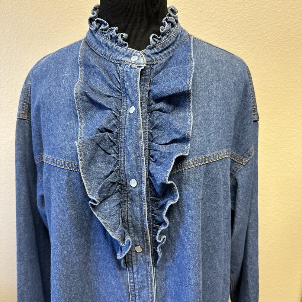 NWT Overlover Catalina Small Denim Ruffle Shirt Dress Pearl Snap Button Front - Picture 3 of 11